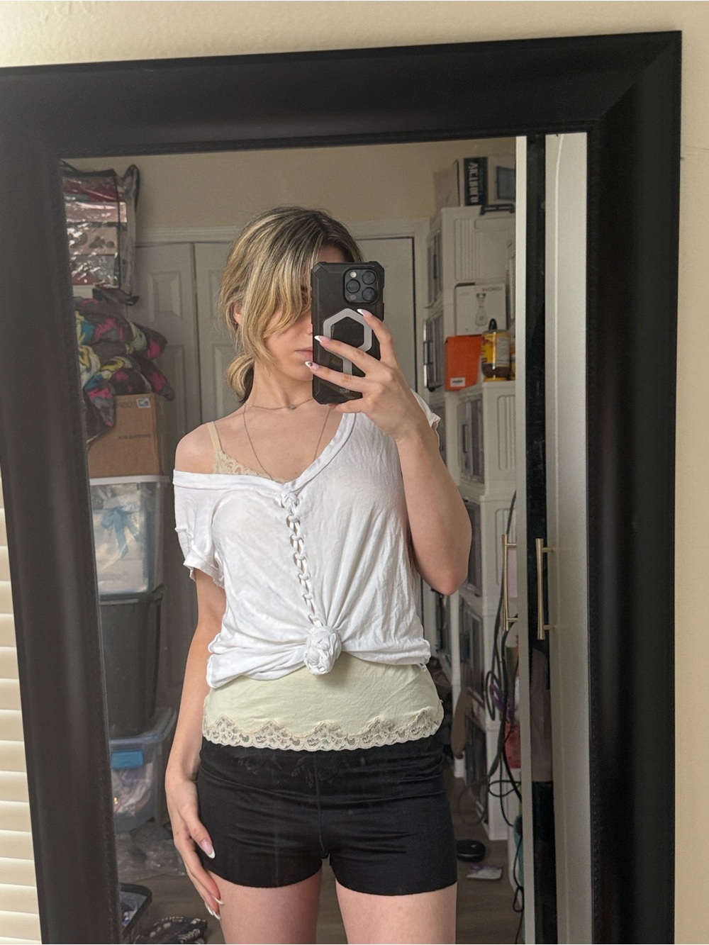 Monrow White Lace-Up Detail Top
